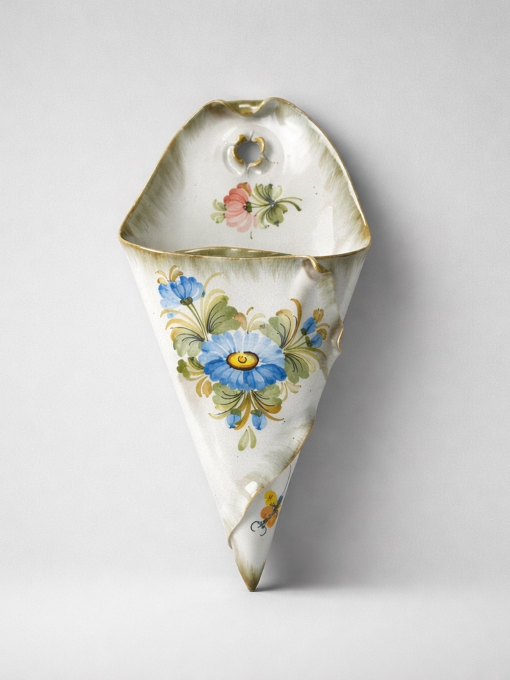 Hand-Painted Floral Porcelain Wall Pocket - Blue & Green Flowers